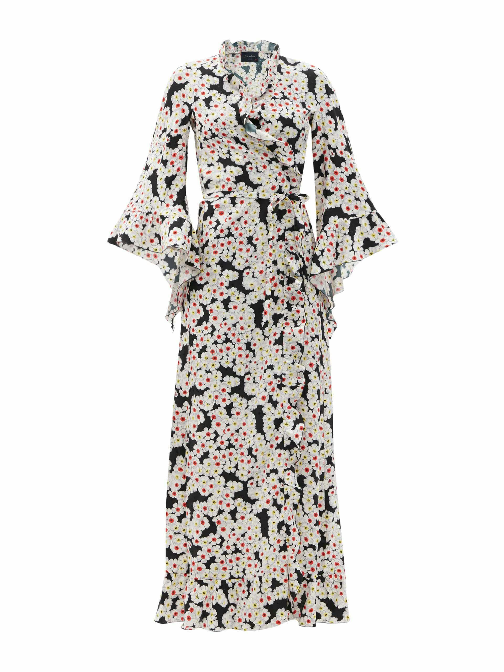 Fluted-sleeve floral-jacquard silk wrap dress