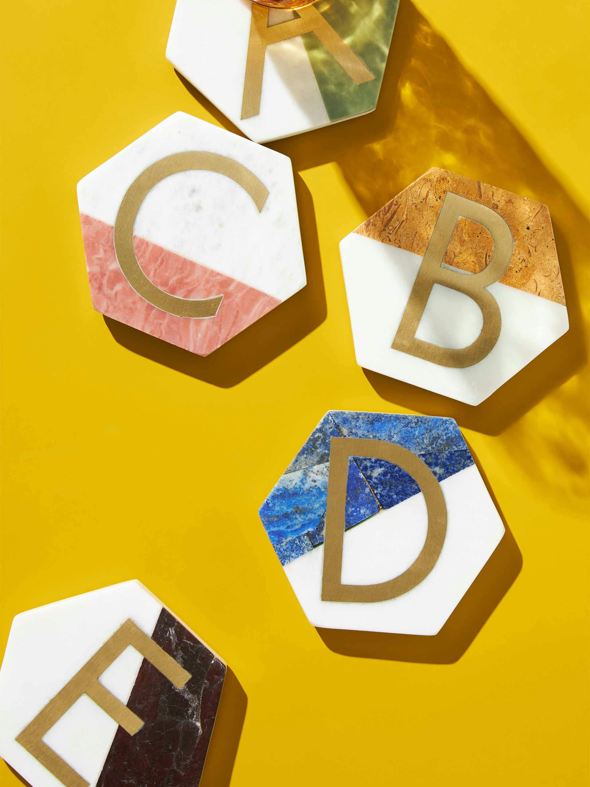 Colourblocked alphabet coasters