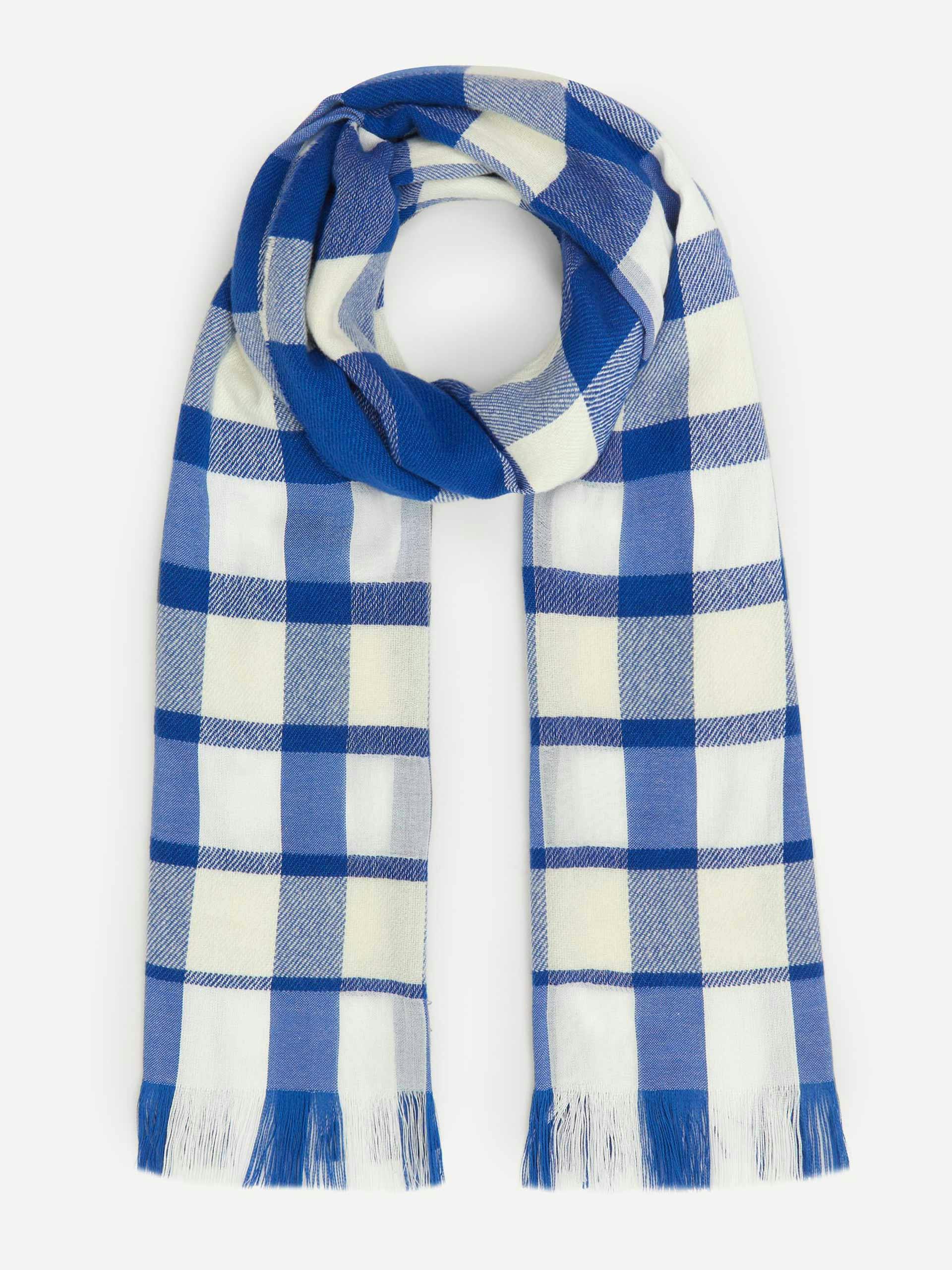 Blue check wool-blend scarf