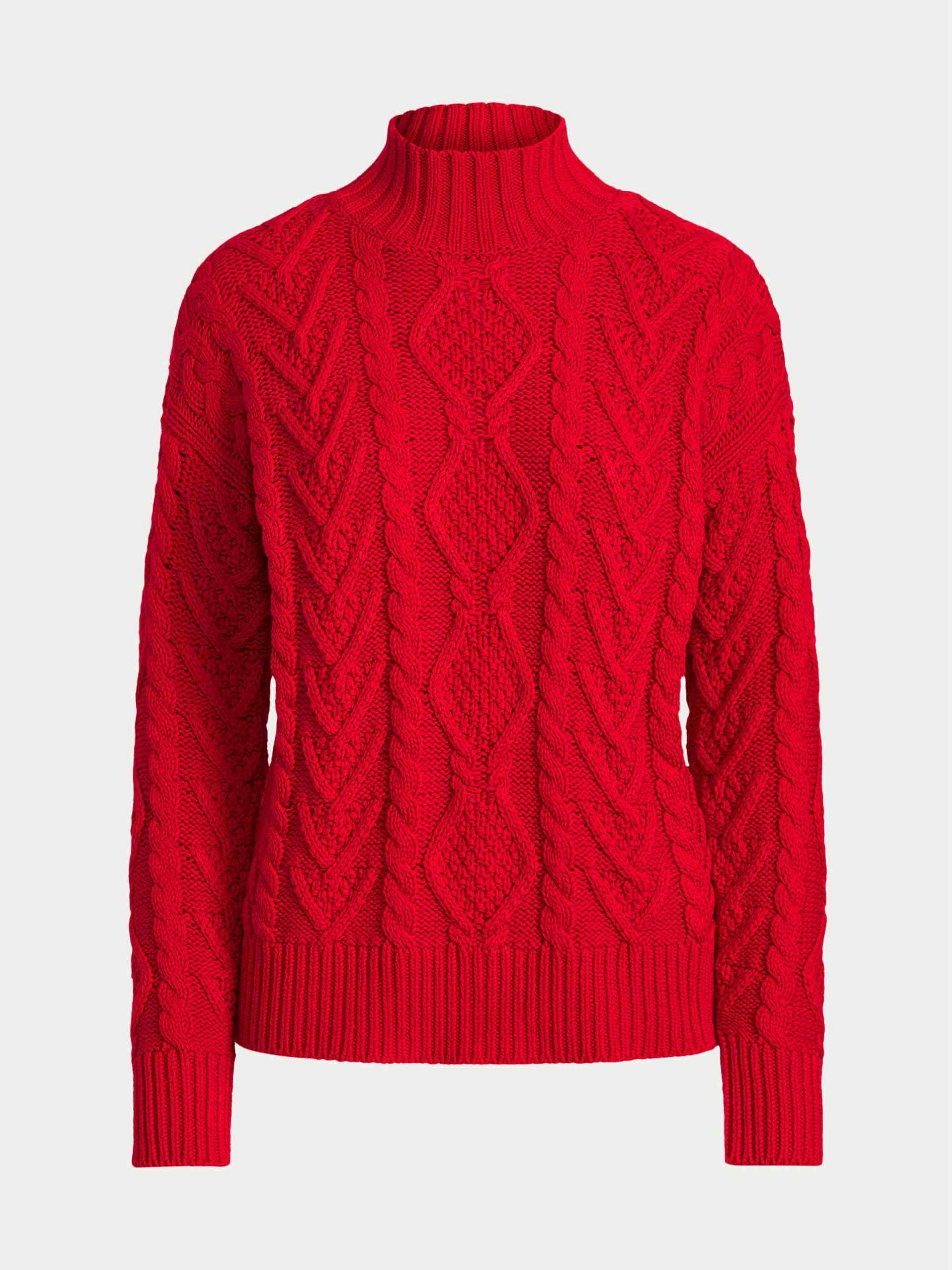 Red cable knit mock neck jumper