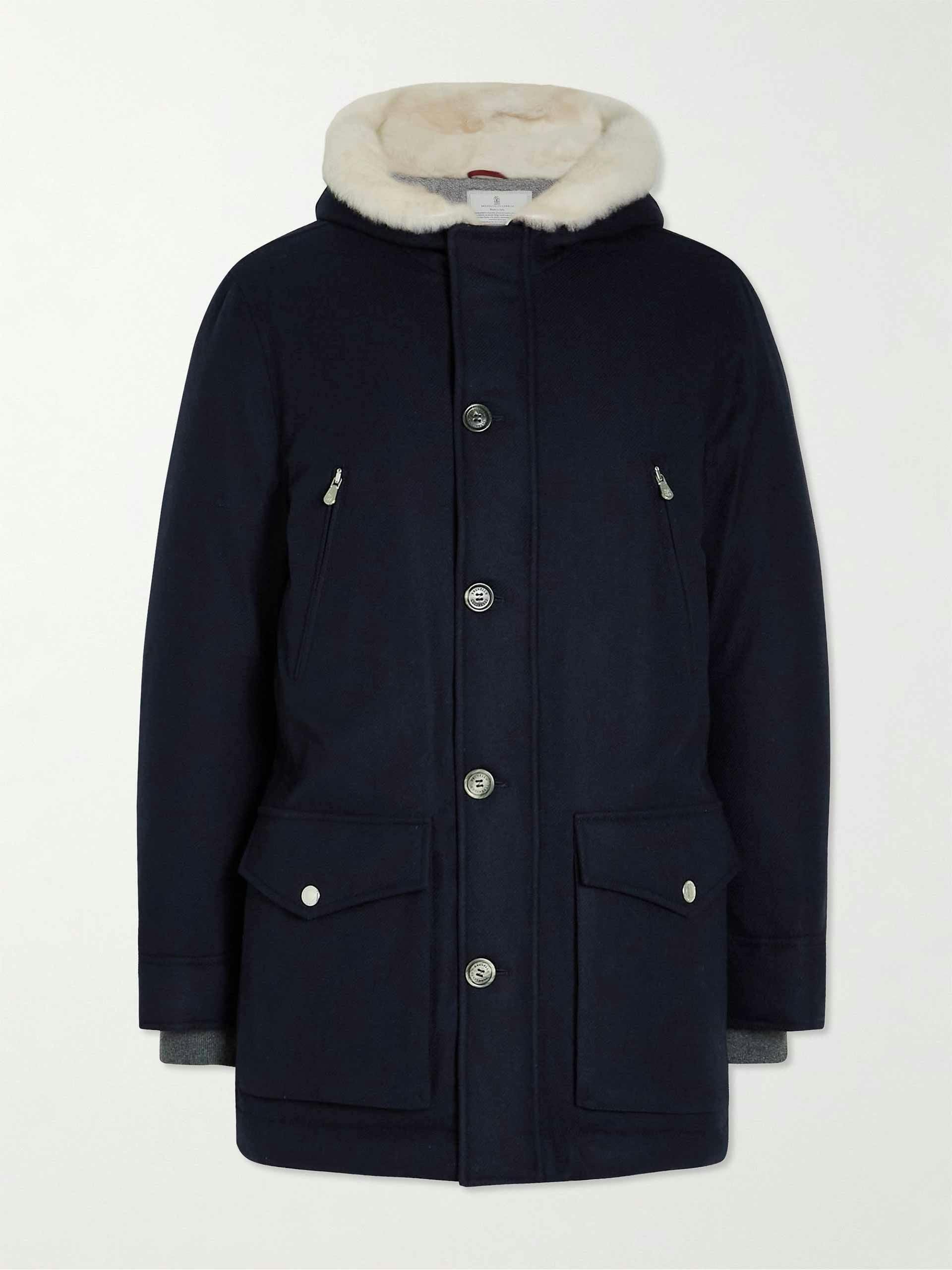 Navy shearling-trimmed hooded down parka