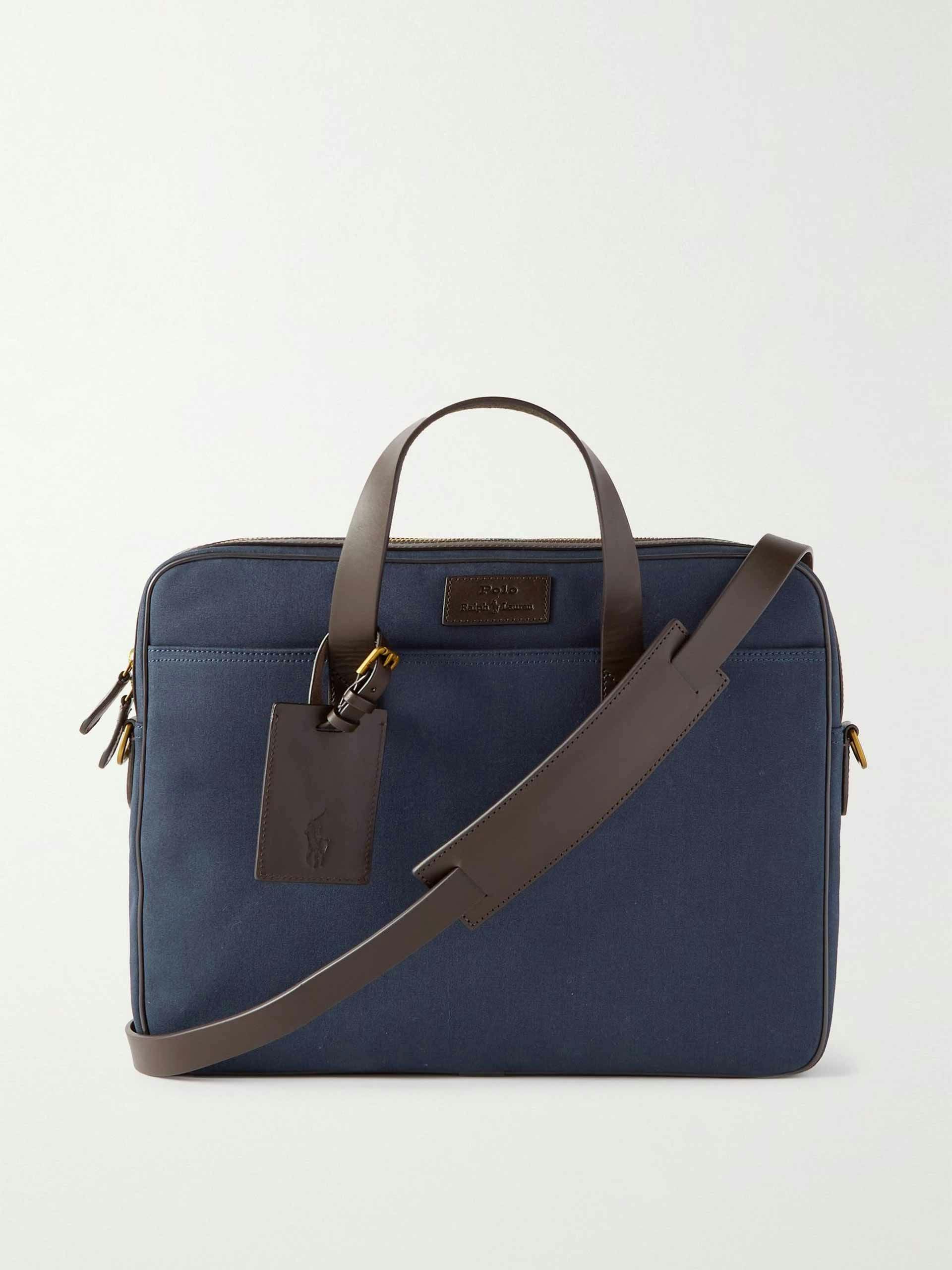 Leather-trimmed navy canvas briefcase