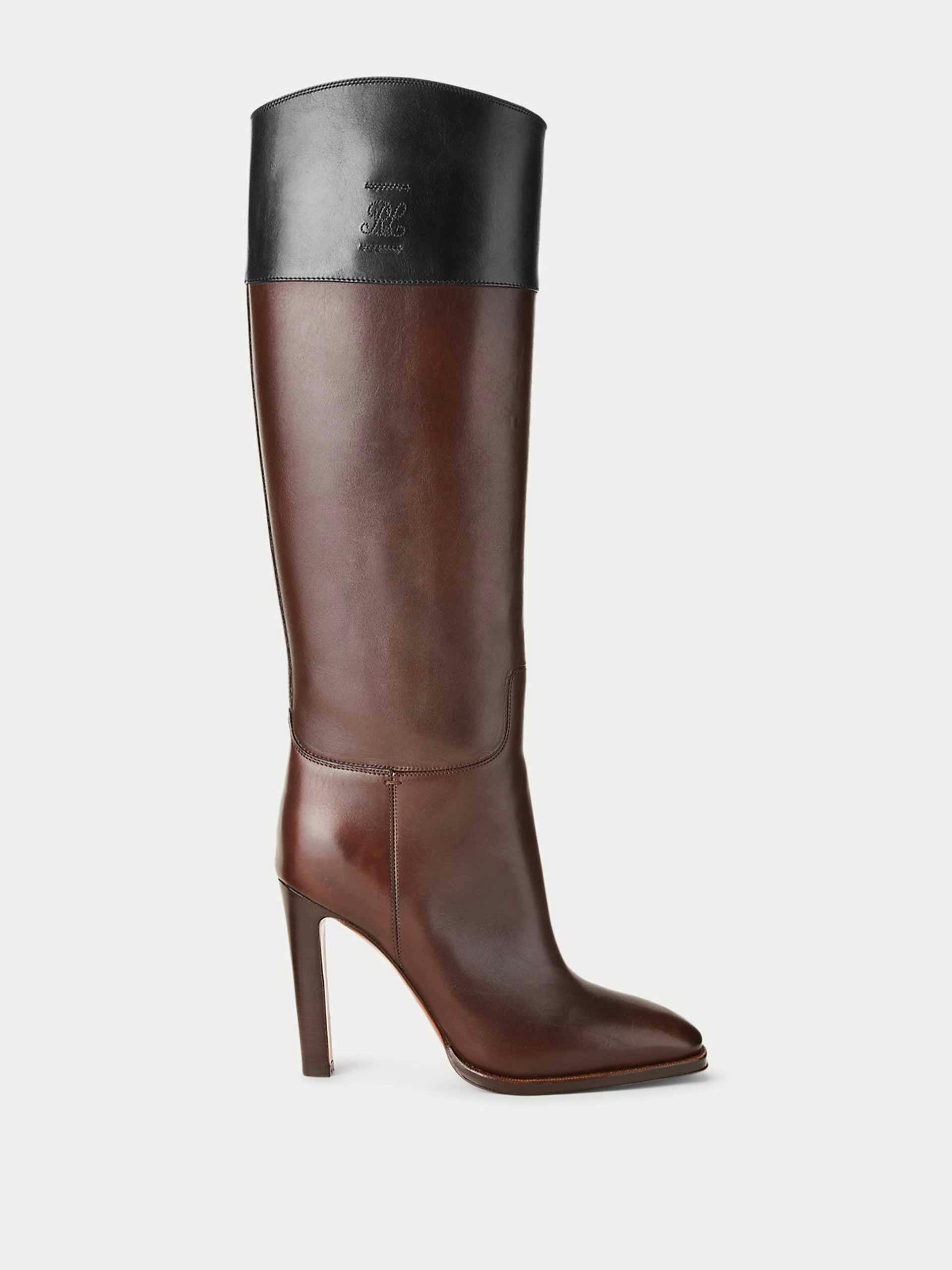 Brown and black leather heeled boots